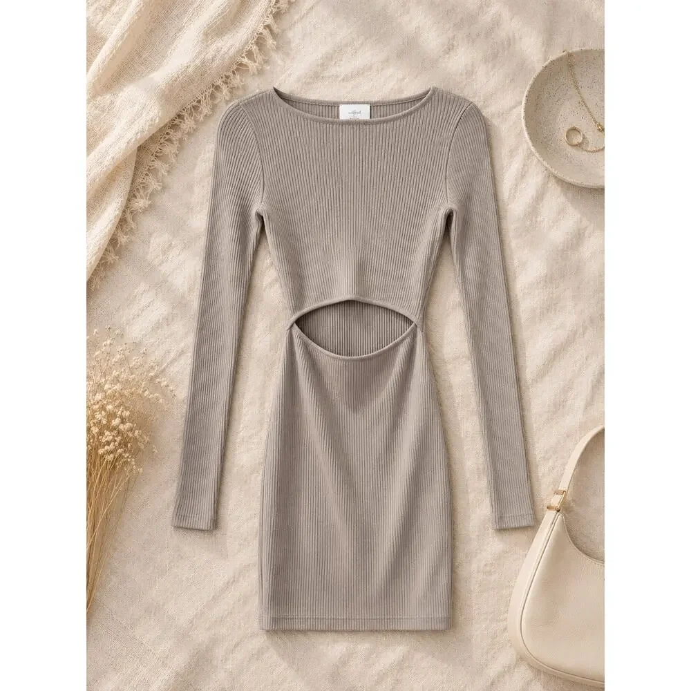 Wilfred Aritzia Women's Cutout Knit Longsleeve Mini Dress Nomad Taupe Size S